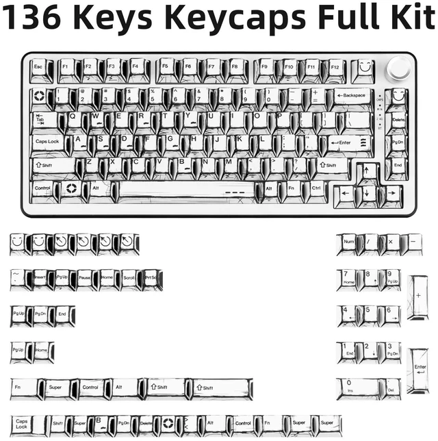 Alt view image 7 of 10 - GEKUCAP PBT White Keycaps 136 Keys Manga Theme Custom Keycap Set, Cherry Profile Dye-Sublimation Key caps for 61/64/68/84/87/100/104/108 Cherry Gateron MX Switches Mechanical Keyboard