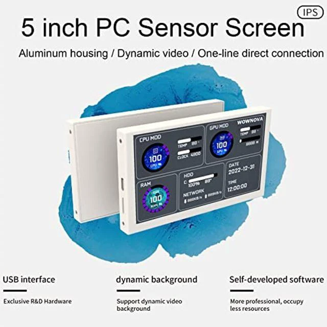 Alt view image 7 of 10 - WOWNOVA 5" Computer Temp Monitor (Dynamic Theme Supported), Pc Temperature Display, PC Sensor Panel for PC ARGB Computer Case, IPS Type-C USB Mini Secondary Screen PC CPU RAM HDD Data Monitor (Black)
