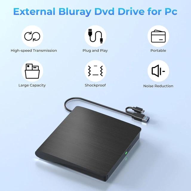 Alt view image 9 of 14 - External Blu Ray Drive, Support 50G Disc Read/Write Bluray Drives, Portable 3D Blu Ray Burner with USB 3.0 and Type-C, Cd Player Suitable for Windows XP/7/8/10/11 MacOS for Laptop, Desktop, Mac
