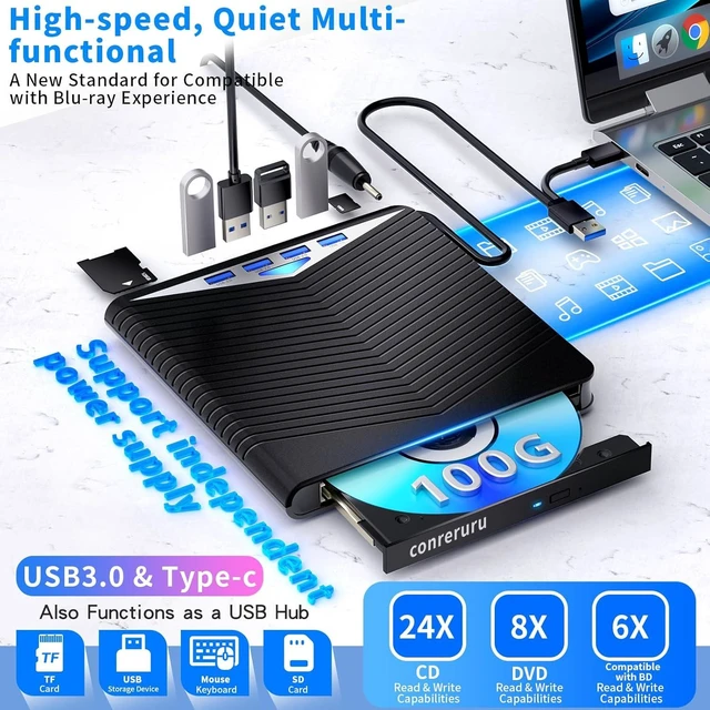 Alt view image 8 of 10 - conreruru Support for Blu-ray External Drive, Support for Blu-ray DVD/CD Player/Read/Write, USB 3.0 &/Type-C, Support for Blu-ray/DVD/CD, BD Drive, Windows 7-11 & Mac, PC-Compatible, M-DISC(Black)
