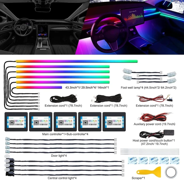 Alt view image 9 of 14 - Dreamcolor Acrylic Interior Car LED Strip Light with Wireless APP, RGB 18 in 1 with 175 inches 600 LEDs Fiber Optic Car Ambient Lighting Kits, Dual Zone Sound Active Function LED Strip for Car