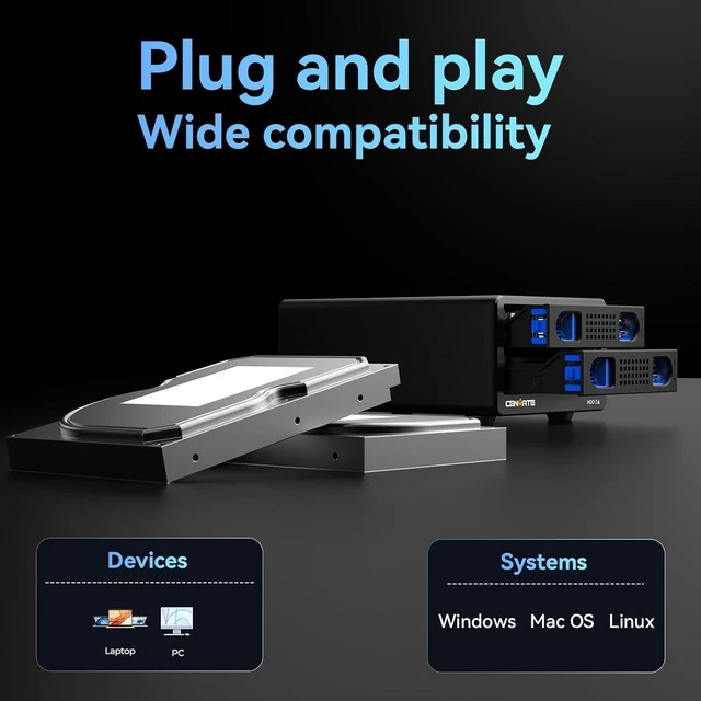 Alt view image 14 of 14 - Aluminum Dual Bay Hard Drive RAID Enclosure with Cooling Fan for 2.5/3.5" SATA HDD/SSD with USB A/C 3.0, Tool-Free HDD Enclosure, 4 Modes(Support RAID 1/0/JBOD/NORMAL)