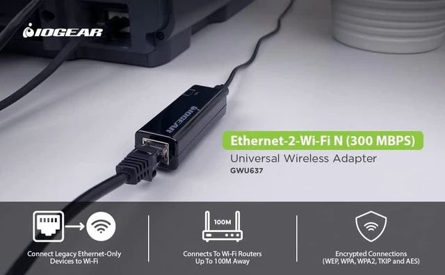 Alt view image 11 of 13 - Universal Ethernet to Wi-Fi N Adapter - Speeds of up to 300Mbps on 2.4GHz - Push-button Wi-Fi Protected Setup (WPS) - Supports WEP, WPA, WPA2, TKIP and AES encryption - GWU637
