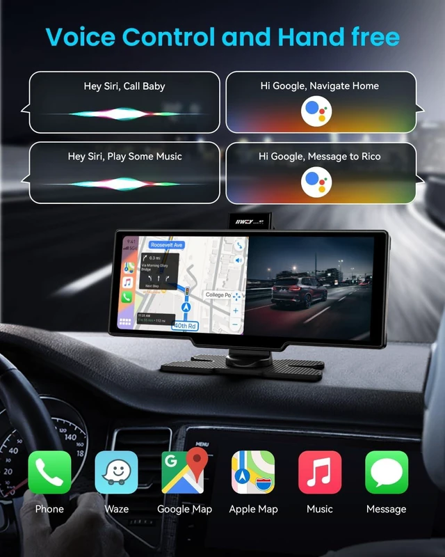 Alt view image 10 of 14 - Portable Carplay Screen for Car, 10 Car Stereo Wireless Car Play & Android Auto Touch Screen, 4K Dash Cam, 1080P Backup Camera, Mirror Link/Voice Control/Music Play/GPS Navigation