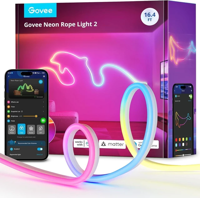 Alt view image 8 of 14 - Govee RGBIC Neon Lights, LED Smart Neon Rope Light 2 Works with Matter, Alexa, Google Assistant, Custom DIY Neon Strip Lights for Bedroom and Wall Decor, Softer Material, 16.4ft, White