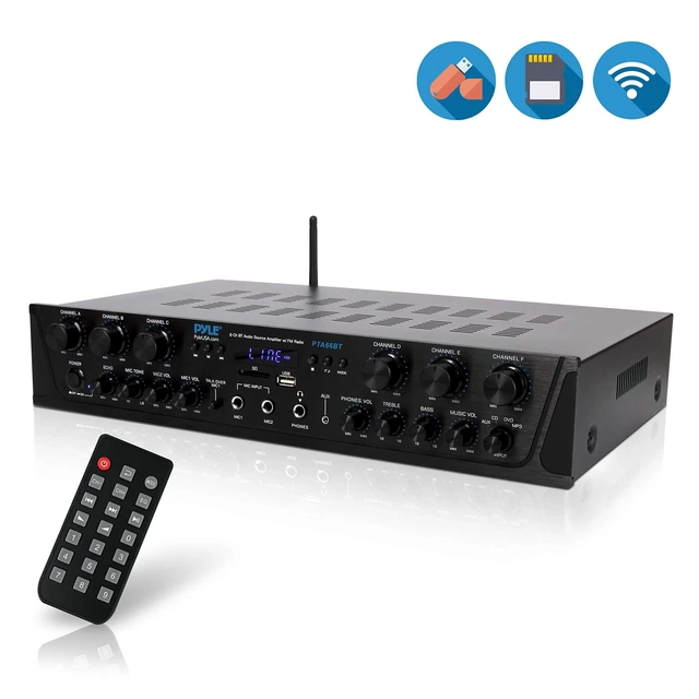 Alt view image 8 of 14 - Wireless Home Audio Amplifier System - Bluetooth Compatible Sound Stereo Receiver Amp - 6 Channel 600Watt Power, Digital LCD, Headphone Jack, 1/4'' Microphone IN USB SD AUX RCA FM Radio - Pyle PTA66BT
