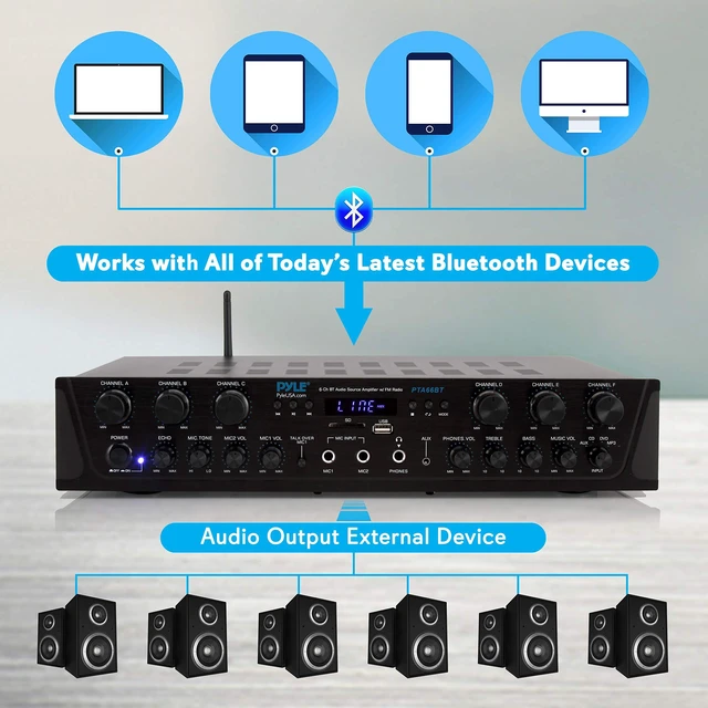 Alt view image 11 of 14 - Wireless Home Audio Amplifier System - Bluetooth Compatible Sound Stereo Receiver Amp - 6 Channel 600Watt Power, Digital LCD, Headphone Jack, 1/4'' Microphone IN USB SD AUX RCA FM Radio - Pyle PTA66BT