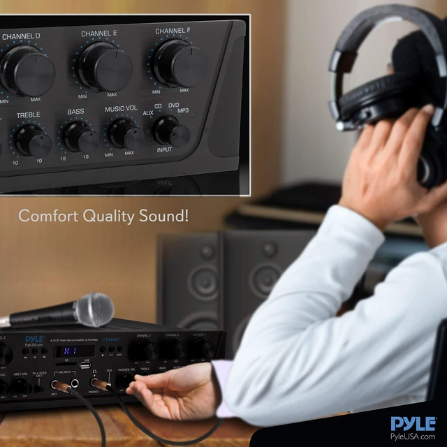 Alt view image 13 of 14 - Wireless Home Audio Amplifier System - Bluetooth Compatible Sound Stereo Receiver Amp - 6 Channel 600Watt Power, Digital LCD, Headphone Jack, 1/4'' Microphone IN USB SD AUX RCA FM Radio - Pyle PTA66BT