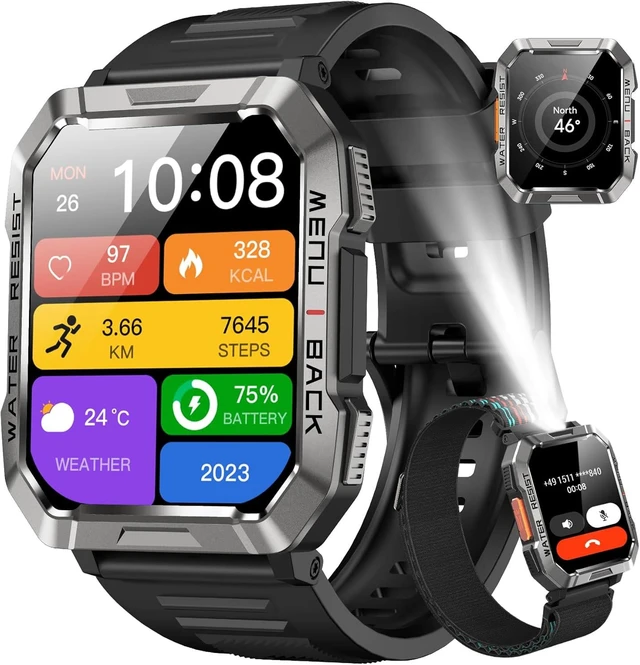 Alt view image 8 of 14 - Smart Watch for Men(Answer/Make Call), Outdoor Sports Smartwatch with Flashlight/100 Days Battery/Compass/Heart Rate/SpO2/Sleep Monitor/2 Straps, Fitness Tracker for iPhone/Android Phones