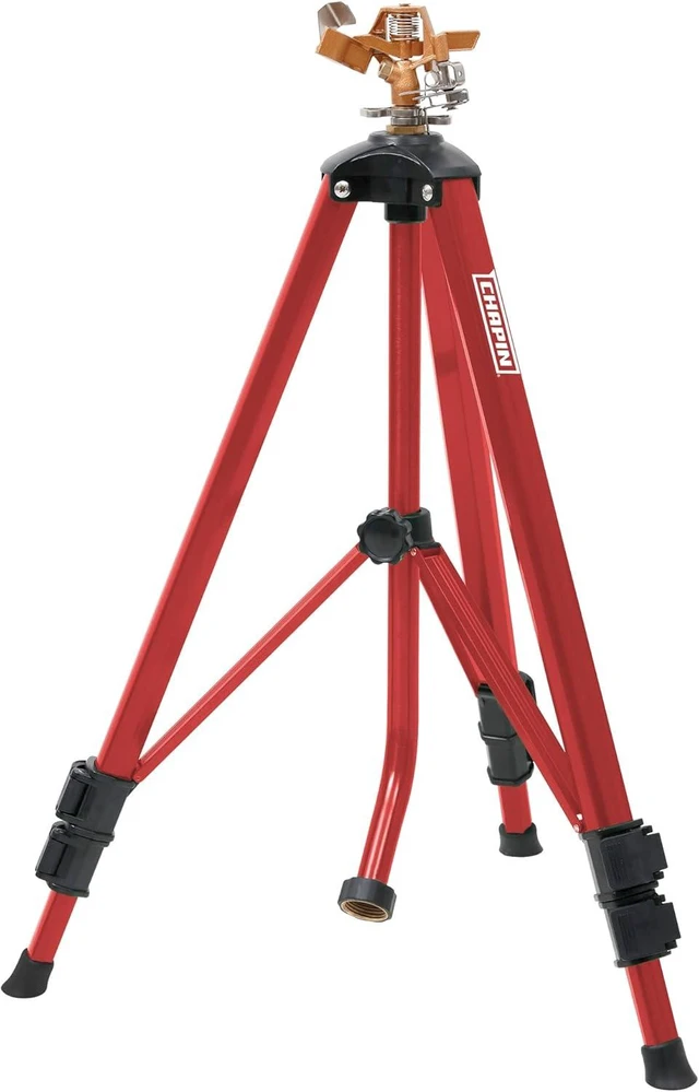 Alt view image 8 of 14 - Chapin 4993: Heavy Duty Brass Head Tripod Impact Lawn Sprinkler, 360 Degree Coverage for Large Lawns, Golf Courses, Gardens, Adjustable Height, Gooseneck Hose Connection, Red and Black
