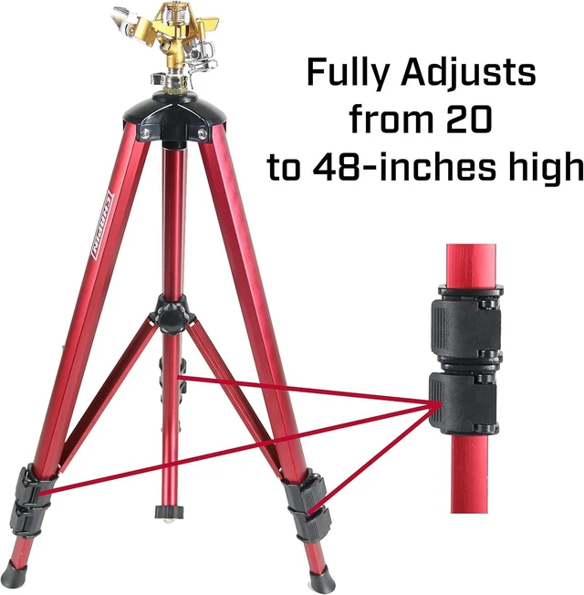 Alt view image 9 of 14 - Chapin 4993: Heavy Duty Brass Head Tripod Impact Lawn Sprinkler, 360 Degree Coverage for Large Lawns, Golf Courses, Gardens, Adjustable Height, Gooseneck Hose Connection, Red and Black