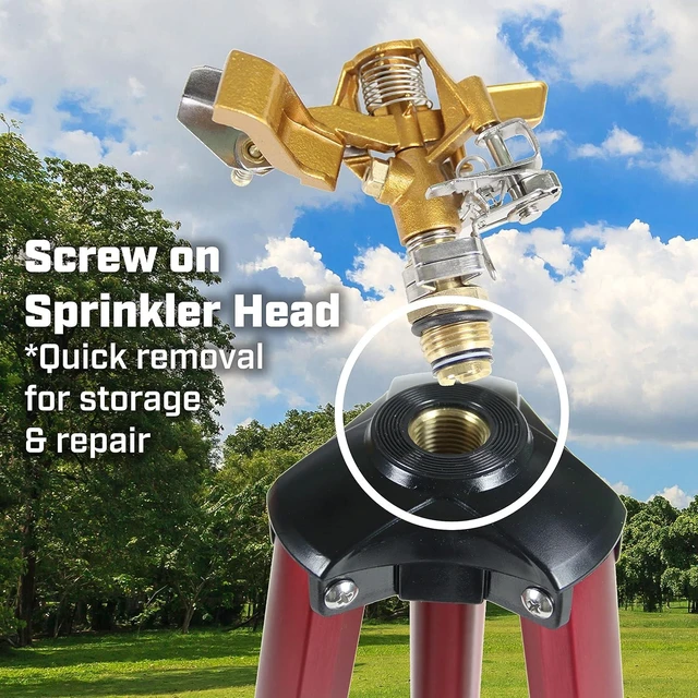Alt view image 10 of 14 - Chapin 4993: Heavy Duty Brass Head Tripod Impact Lawn Sprinkler, 360 Degree Coverage for Large Lawns, Golf Courses, Gardens, Adjustable Height, Gooseneck Hose Connection, Red and Black