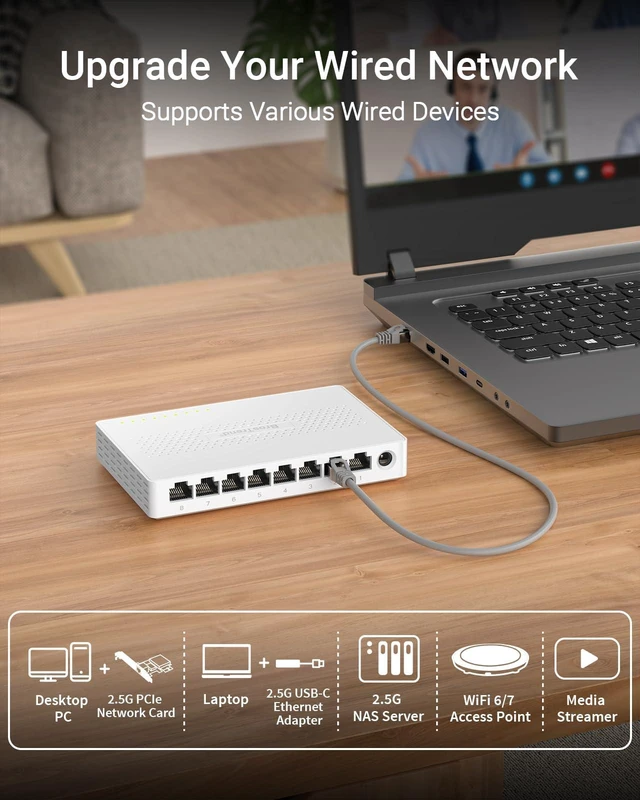 Alt view image 8 of 10 - BrosTrend 2.5Gb Switch, 8 Port Network Switch 2.5 Gigabit, Unmanaged Ethernet Switch for Game Console, NAS, PC, Computer Networking Switch Plug & Play Fanless, Desktop Wall Mount, Lifetime Protection