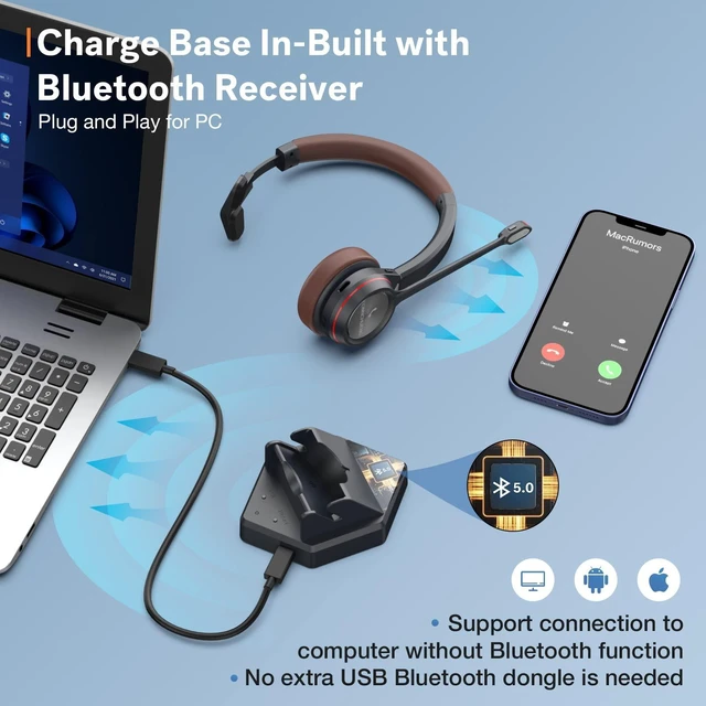 Alt view image 8 of 10 - Wireless Headset with Microphone for Work, in-Built with USB Dongle for PC, Mono 5.2 Bluetooth Headset for Computer Cell Phone Home Office Microsoft Teams Skype Video Conference Voice Recognition