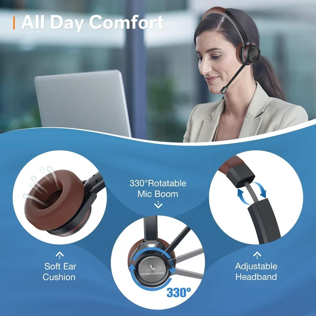 Alt view image 10 of 10 - Wireless Headset with Microphone for Work, in-Built with USB Dongle for PC, Mono 5.2 Bluetooth Headset for Computer Cell Phone Home Office Microsoft Teams Skype Video Conference Voice Recognition