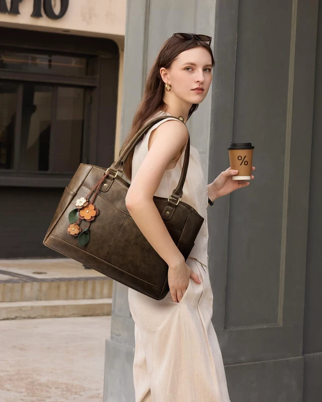Alt view image 7 of 10 - LOVEVOOK Laptop Bag for Women, 15.6inch Original Vintage Work Tote Bag Computer Office Teacher Bag with Large Cup Holder,Earth Brown