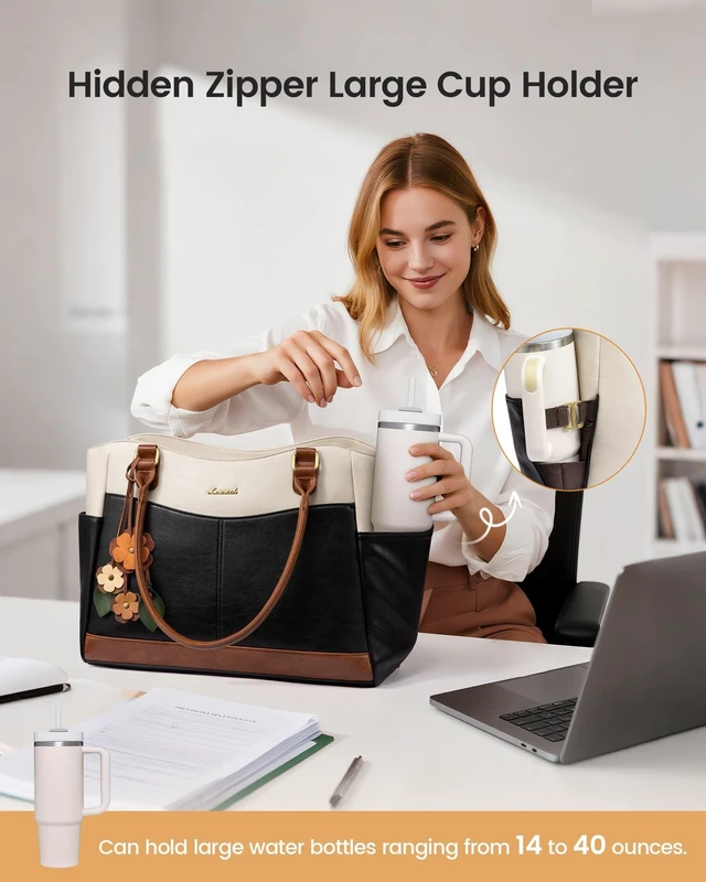 Alt view image 10 of 10 - LOVEVOOK Laptop Bag for Women, 15.6inch Original Vintage Work Tote Bag Computer Office Teacher Bag with Large Cup Holder,Earth Brown