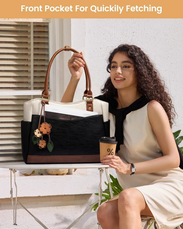 Alt view image 8 of 10 - LOVEVOOK Laptop Bag for Women, 15.6inch Original Vintage Work Tote Bag Computer Office Teacher Bag with Large Cup Holder,Earth Brown