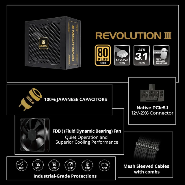 Alt view image 7 of 10 - ENERMAX Revolution III 850 - Fully Modular PC Power Supply - 850 Watts - 80 Plus Gold - 600W 12V-2x6 Connector - 100% Japanese Capacitors - Sleeved Cables - 10 Year Warranty