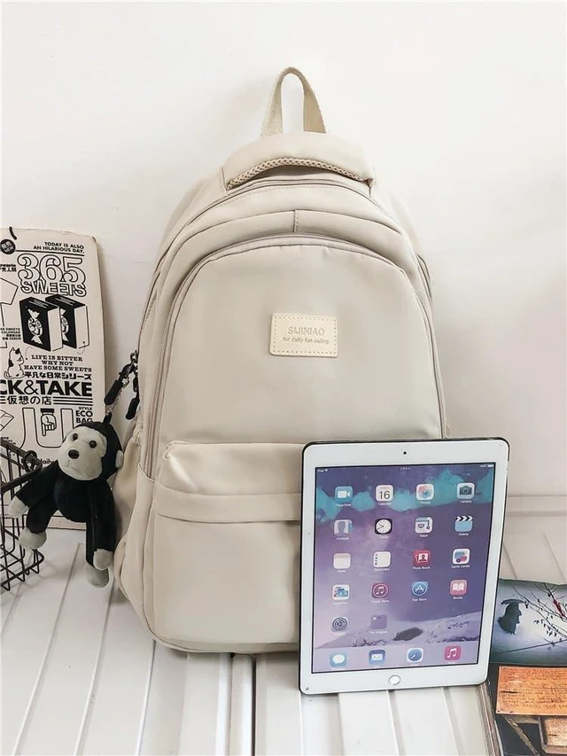 Alt view image 10 of 10 - MININAI Cute Aesthetic Backpack for Women Casual Solid Bookbag Laptop Backpacks Korean Fashion College Travel Daypack (Beige)