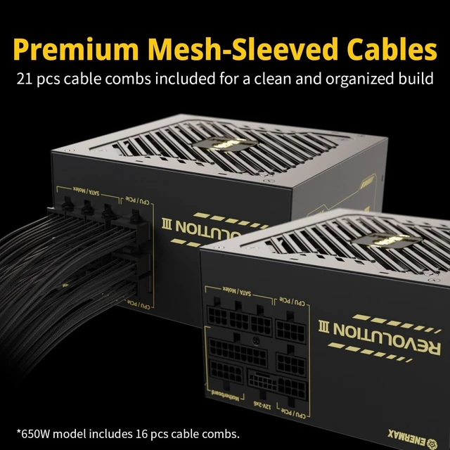 Alt view image 9 of 10 - ENERMAX Revolution III 850 - Fully Modular PC Power Supply - 850 Watts - 80 Plus Gold - 600W 12V-2x6 Connector - 100% Japanese Capacitors - Sleeved Cables - 10 Year Warranty