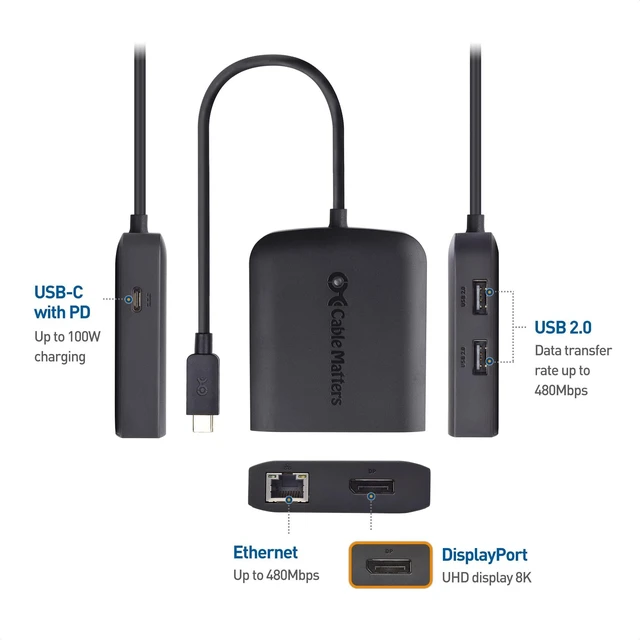 Alt view image 7 of 10 - Cable Matters USB C Hub DisplayPort 100W, 4K@240Hz (USB C DisplayPort 1.4 Hub), 480Mbps Ethernet, 2X USB, 100W Host Charging in Black - Thunderbolt 4 / Thunderbolt 3 Port Compatible for MacBook Pro
