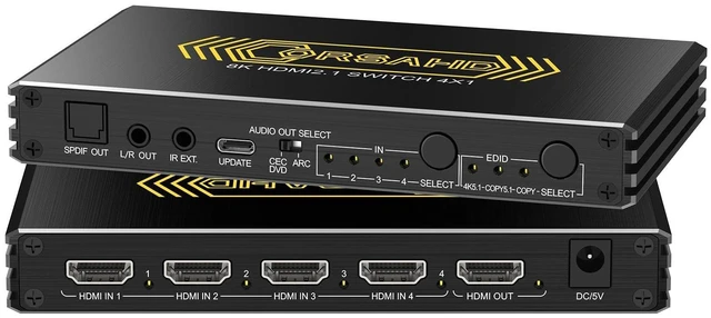 Alt view image 6 of 10 - CORSAHD 4K@120Hz HDMI 2.1 Switch 4 in 1 Out with Audio Extractor,48Gbps,HDCP 2.3,HDR 10+,ARC,VRR,ALLM,CEC,IR Remote,Optical SPDIF 5.1Ch,AUX L/R 3.5mm 2.1Ch,HDMI Switcher 4x1,4 Port HDMI Selector