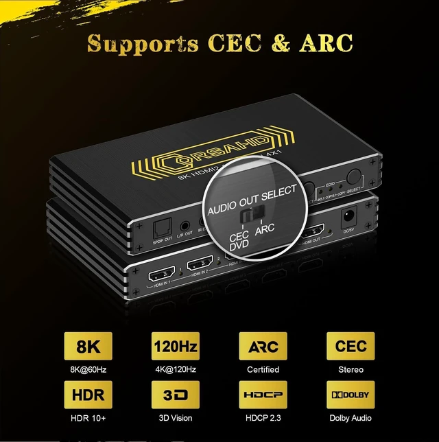 Alt view image 8 of 10 - CORSAHD 4K@120Hz HDMI 2.1 Switch 4 in 1 Out with Audio Extractor,48Gbps,HDCP 2.3,HDR 10+,ARC,VRR,ALLM,CEC,IR Remote,Optical SPDIF 5.1Ch,AUX L/R 3.5mm 2.1Ch,HDMI Switcher 4x1,4 Port HDMI Selector