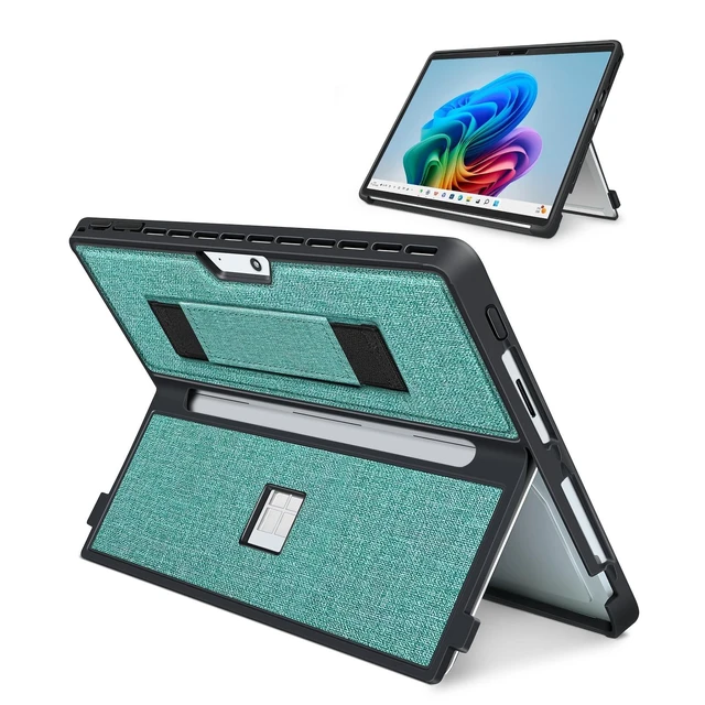 Alt view image 6 of 10 - Case for 13 Inch Microsoft Surface Pro 11/10/9/8, with Stent Cover and Hand Strap, All-in-one Shockproof Folio Rugged Case Compatible with Type Cover Keyboard, TPU/PU Material(Cyan)