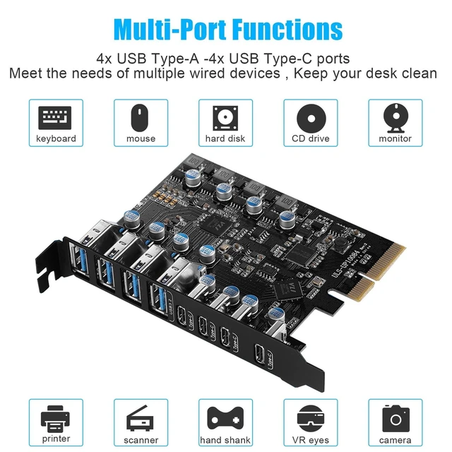 Alt view image 8 of 10 - PCIe USB 3.2/3.1 Gen 2 Card 8 Ports (4X Type USB C - 4 USB A) Expansion Card 10Gbps USB C PCIe Card PC Internal USB hub for Windows 7/8/10 Linux and MacPro 4.1/5.1
