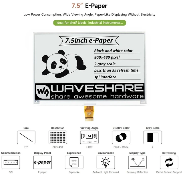 Alt view image 8 of 10 - waveshare 7.5inch E-Ink Raw Display Compatible with Raspberry Pi 5/4B/3B/Zero/Zero W/Zero 2W/Pico/Pico W/Pico WH 800×480 Resolution with SPI Interface Without PCB