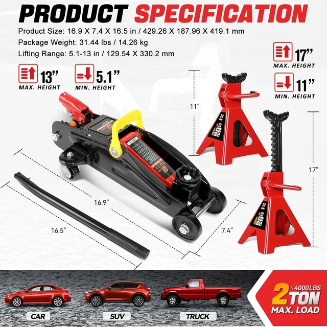 Alt view image 9 of 14 - 2 Ton Floor Jack with Jack Stands, Heavy Duty Steel Hydraulic Racing Floor Jack with Single Piston Quick Lift Pump, Hydraulic Trolley Service Car Jack, Red/Black