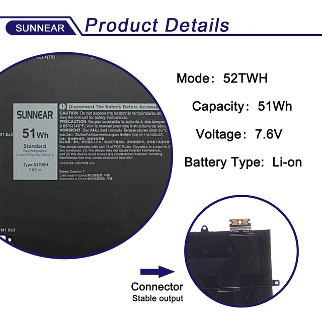 Alt view image 7 of 10 - SUNNEAR 52TWH Laptop Battery Replacement for Dell XPS 13 7390 2-in-1 Series Notebook P103G P103G001 P103G002 MM6M8 0MM6M8 XX3T7 0XX3T7 51Wh 7.6V 6375mAh 4Cell
