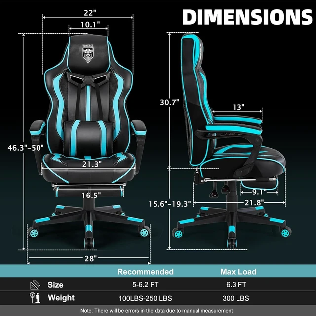 Alt view image 10 of 14 - Vonesse Gaming Chairs for Adults, Gaming Chairs with Footrest and Massage, Reclining Computer Chair for Heavy People,Big and Tall Ergonomic Gamer Chair with Lumbar Pillow(Teal/Cyan)