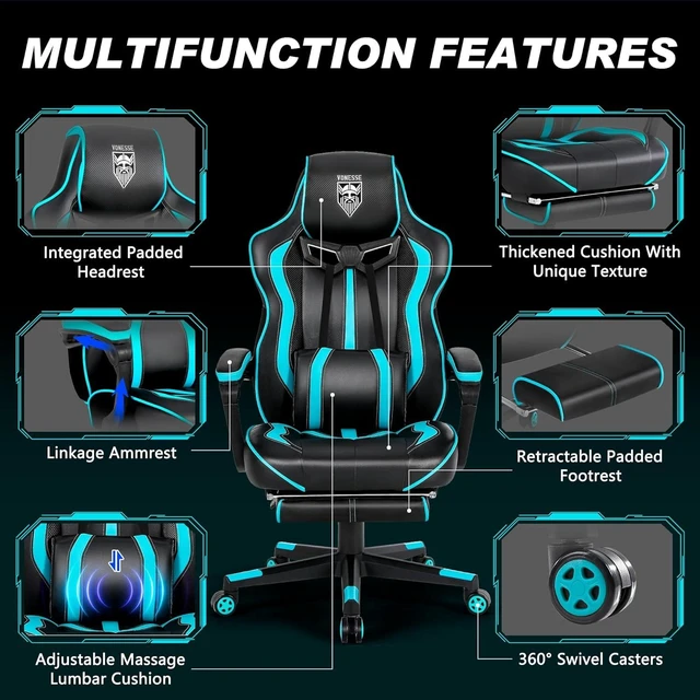 Alt view image 13 of 14 - Vonesse Gaming Chairs for Adults, Gaming Chairs with Footrest and Massage, Reclining Computer Chair for Heavy People,Big and Tall Ergonomic Gamer Chair with Lumbar Pillow(Teal/Cyan)