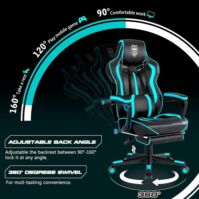 Alt view image 14 of 14 - Vonesse Gaming Chairs for Adults, Gaming Chairs with Footrest and Massage, Reclining Computer Chair for Heavy People,Big and Tall Ergonomic Gamer Chair with Lumbar Pillow(Teal/Cyan)