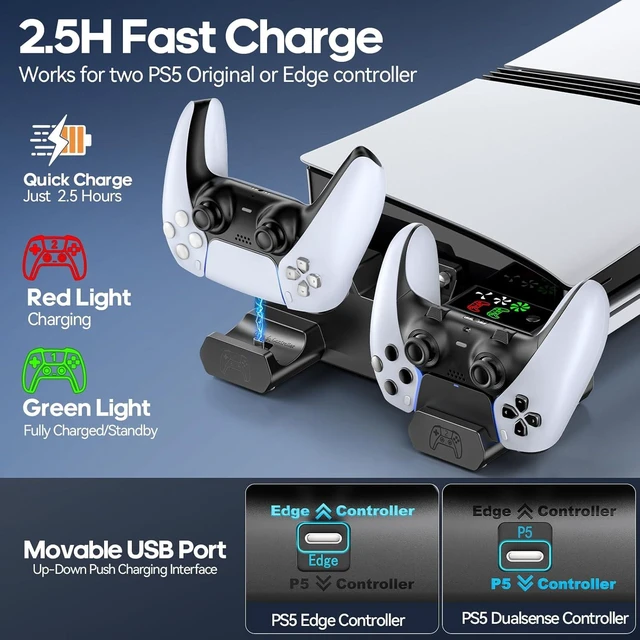 Alt view image 11 of 14 - PS5/Slim/Pro Horizontal Stand with Cooling Fan & Charger for Original & Edge Controllers, Scalable Design PS5 Accessories Base with EVA Foams for All PS 5 Disc & Digital, PS 5 Sideways Stand Black