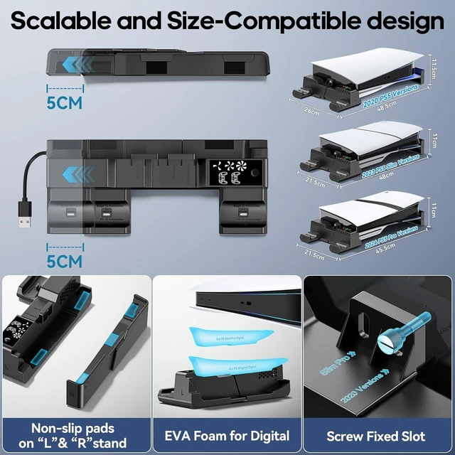 Alt view image 12 of 14 - PS5/Slim/Pro Horizontal Stand with Cooling Fan & Charger for Original & Edge Controllers, Scalable Design PS5 Accessories Base with EVA Foams for All PS 5 Disc & Digital, PS 5 Sideways Stand Black