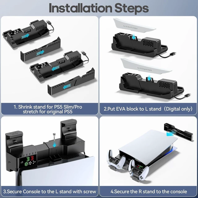 Alt view image 13 of 14 - PS5/Slim/Pro Horizontal Stand with Cooling Fan & Charger for Original & Edge Controllers, Scalable Design PS5 Accessories Base with EVA Foams for All PS 5 Disc & Digital, PS 5 Sideways Stand Black