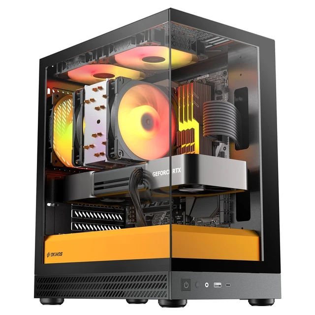 Alt view image 6 of 10 - Okinos Aqua UNO Micro ATX Case, No Radiator Support, Max GPU Length 309mm, Quick-Release Panoramic Tempered Glass, 3x120mm ARGB Fan Pre-Installed, Type-C 5Gbps, Two-Tone Limited Edition (Black&Yellow)