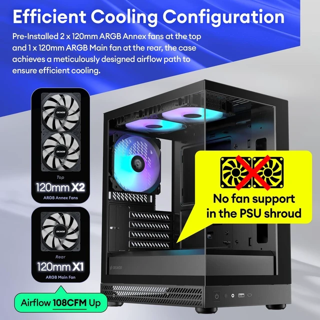 Alt view image 8 of 10 - Okinos Aqua UNO Micro ATX Case, No Radiator Support, Max GPU Length 309mm, Quick-Release Panoramic Tempered Glass, 3x120mm ARGB Fan Pre-Installed, Type-C 5Gbps, Two-Tone Limited Edition (Black&Yellow)