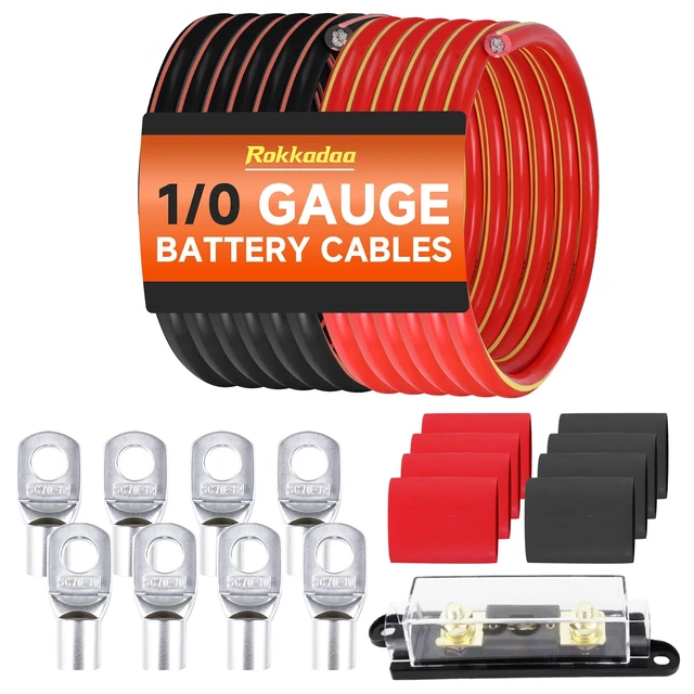 Alt view image 6 of 10 - Rokkadaa 1/0 Gauge Wire Kit with Fuse - Battery Cables 20 Feet, 10FT Black + 10FT Red - Car Amp Power Wiring - 200A ANL Fuse Holder, Cable Lugs & Tubes (Copper Clad Aluminum)