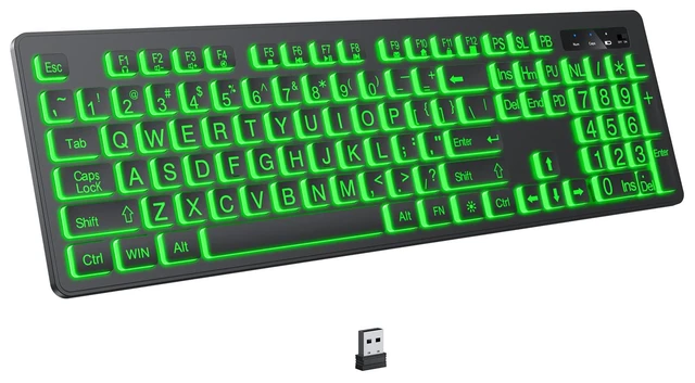 Alt view image 6 of 10 - KOPJIPPOM Large Print Backlit Wireless Keyboard, 2.4G Silent Wireless Light Up Keyboard, Full Size Computer Keyboards with 7 Colored Backlits, Rechargeable Keyboards for Windows, PC, Laptop