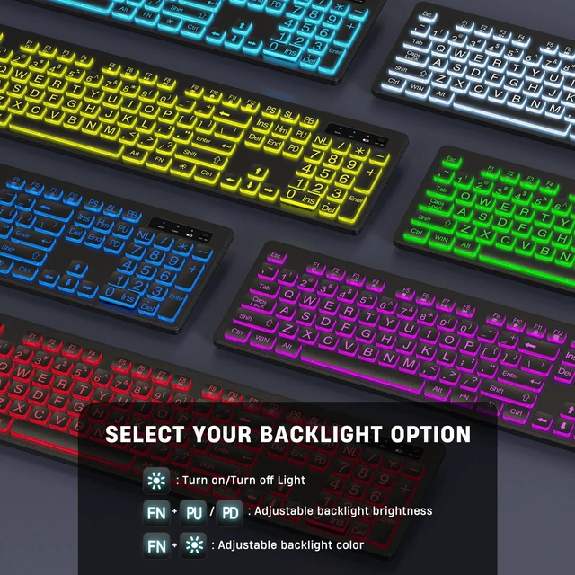 Alt view image 7 of 10 - KOPJIPPOM Large Print Backlit Wireless Keyboard, 2.4G Silent Wireless Light Up Keyboard, Full Size Computer Keyboards with 7 Colored Backlits, Rechargeable Keyboards for Windows, PC, Laptop