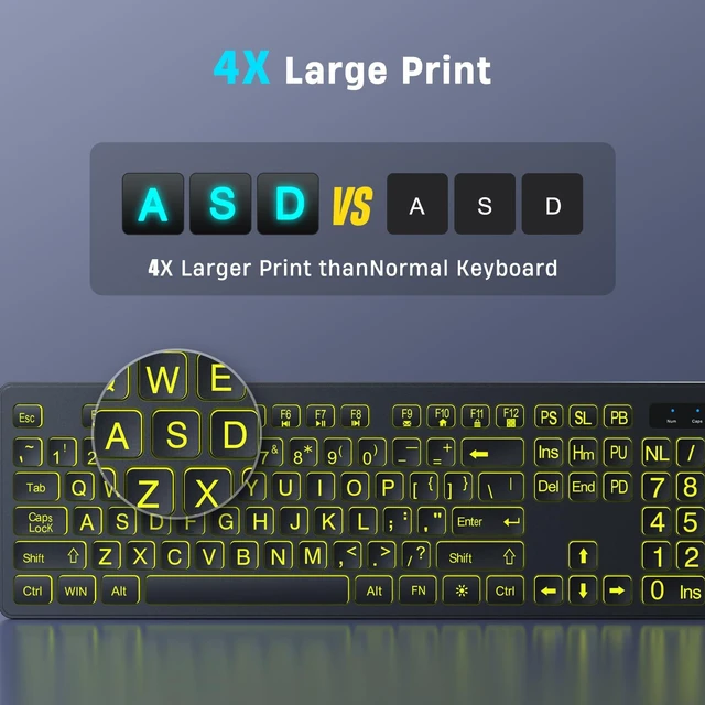 Alt view image 8 of 10 - KOPJIPPOM Large Print Backlit Wireless Keyboard, 2.4G Silent Wireless Light Up Keyboard, Full Size Computer Keyboards with 7 Colored Backlits, Rechargeable Keyboards for Windows, PC, Laptop