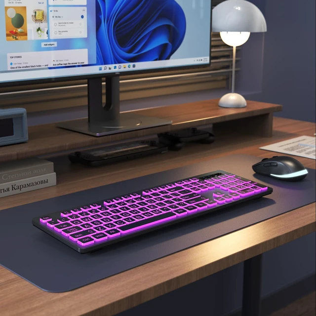 Alt view image 10 of 10 - KOPJIPPOM Large Print Backlit Wireless Keyboard, 2.4G Silent Wireless Light Up Keyboard, Full Size Computer Keyboards with 7 Colored Backlits, Rechargeable Keyboards for Windows, PC, Laptop