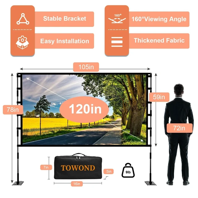 Alt view image 8 of 10 - TOWOND Projector Screen and Stand, 120 inch Outdoor Projector Screen Indoor, Portable Movie Screen 16:9 4K Front Rear Projection Screen with Carry Bag Wrinkle-Free Design for Home Backyard Theater