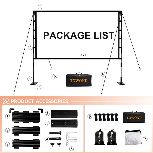 Alt view image 10 of 10 - TOWOND Projector Screen and Stand, 120 inch Outdoor Projector Screen Indoor, Portable Movie Screen 16:9 4K Front Rear Projection Screen with Carry Bag Wrinkle-Free Design for Home Backyard Theater
