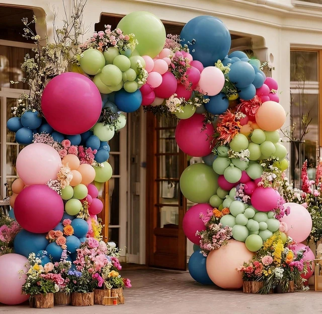 Alt view image 8 of 14 - Hot Pink Green Blue Balloon Arch Kit Double Stuffed Dark Pink Olive Green Denim Blue Light Orange Magenta Peach Balloon Garland for Birthday Baby Shower Flower Wedding Summer Party Decoration
