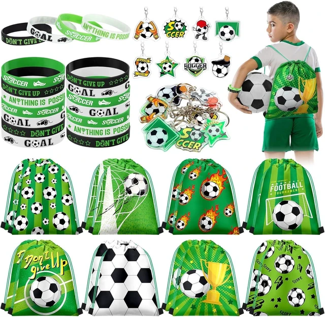 Alt view image 7 of 12 - Talltalk 48 Pcs Soccer Party Favors Gifts Sets Kids Soccer Team Gift 16 Sets Green Goodie Bags Stuffers Drawstring Backpack Candy Snack Bag Motivational Wristband Keychains Birthday Party Supply Decor